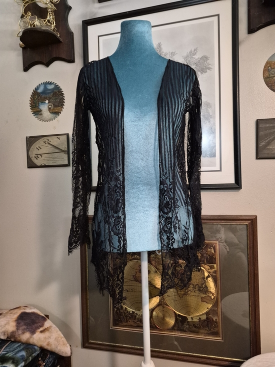 None Sweaters - [SOLD]Black Floral Lace Sheer Open Front Cardigan Jacket